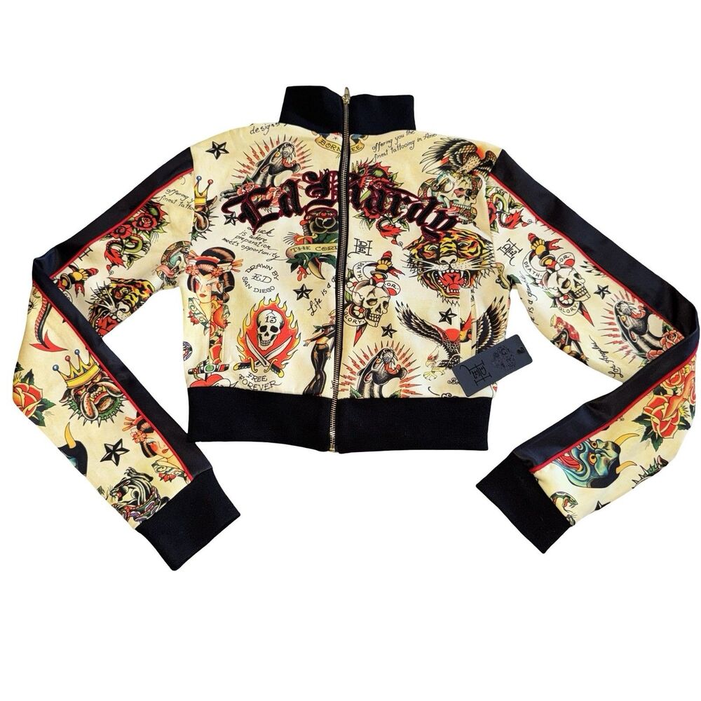 Ed Hardy Women Embroidered Allover Graphic Print Cropped Full‎ Zip Jacket XS